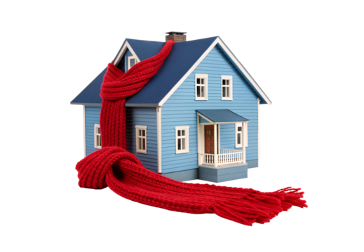 Blue dollhouse model wrapped in vibrant red knitted scarf cozily, isolated on a transparent background