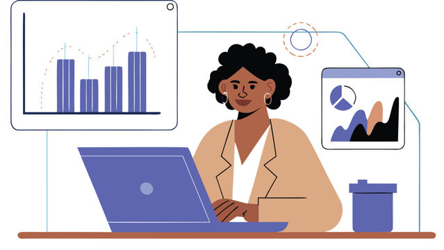 Modern professional woman working diligently on her laptop depicted in a clean digital illustration style ideal for business and technology themes
