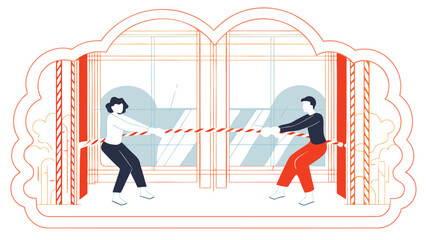 Dynamic illustration of diverse individuals collaborating and exerting collective effort by pulling a rope symbolizing teamwork unity and shared goals in a visually engaging composition