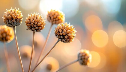 Macro photograph of dried seed heads on thin stems, with a warm, blurred background of bokeh lights.