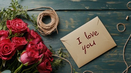 Romantic Red Roses  I Love You Note.