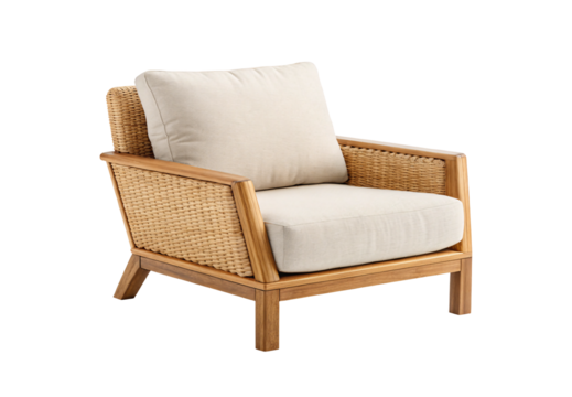 Contemporary rattan armchair featuring natural weave and neutral seat cushions, isolated on a transparent background