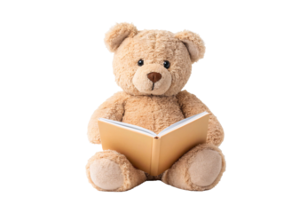 Plush teddy bear holding open book with tan pages sitting upright, isolated on a transparent background