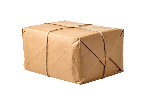 Brown paper package tied with natural twine string in crossed pattern, isolated on a transparent background