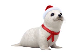 White baby seal pup wearing Santa hat with red bow collar, isolated on a transparent background