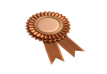 Copper medal rosette with circular center and ribbons, isolated on a transparent background