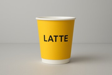 Yellow paper cup labeled latte standing on neutral background, minimal coffee packaging mockup.