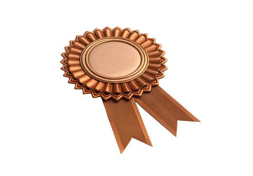 Copper medal rosette with circular center and ribbons, isolated on a transparent background