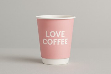 Pink paper coffee cup with text love coffee on neutral background, minimalist takeaway drink container mockup for branding design.
