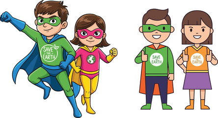 Cute eco superheroes promoting save the earth message, environmental protection, green lifestyle, climate awareness, recycling, conservation, and nature-friendly habits through inspiring 