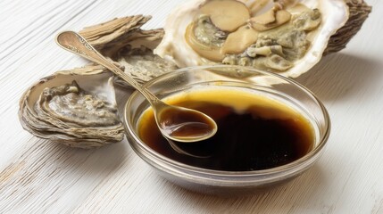 Oyster Sauce in Glass Bowl with Fresh Oysters on White Background isolated. Generative AI