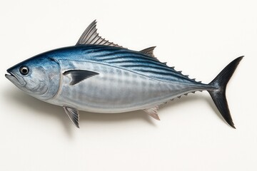 Fototapeta premium Atlantic bonito fish diagonal side profile nose up tail down with oblique dorsal stripes on white background for seafood fishing and biology themes