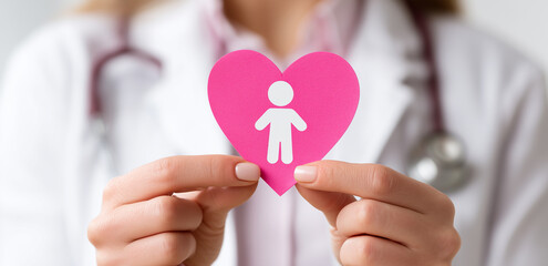 Woman doctor holds pink heart with human figure. Symbol of patient care, healthy lifestyle, and charitable donation. Medical concept.