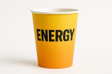 Yellow paper cup with bold black text energy on white background, takeaway drink container mockup for branding and packaging design.
