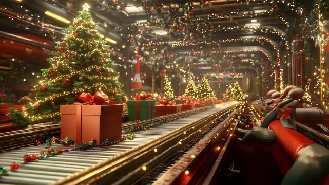 Christmas Gifts Moving on Festive Conveyor in Santa&rsquo;s Workshop