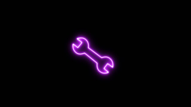 Neon glowing wrench icon on black background. Screwdriver repair tools icon illustration.