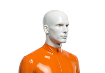 White mannequin head with orange turtleneck and eyes, isolated on a transparent background