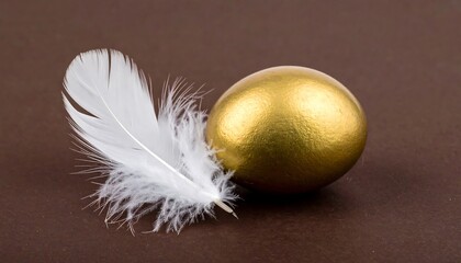 Golden egg and white feather on brown surface.