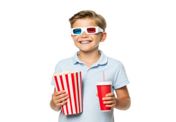 Young boy wearing 3D glasses holding popcorn and drink, isolated on a transparent background