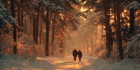 Naklejka premium Couples walk through a snowy forest at sunset, enjoying nature and each other’s company.