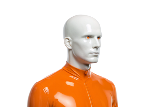 White mannequin head with orange turtleneck and eyes, isolated on a transparent background