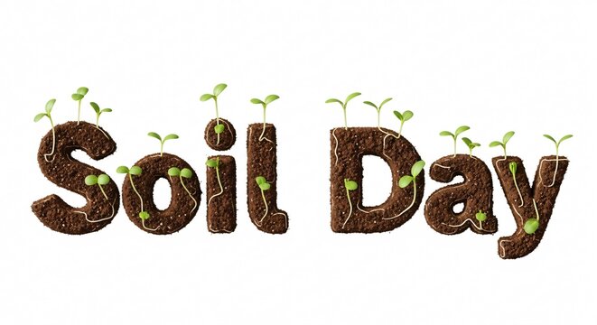 Soil Day Celebration: Celebrate World Soil Day with this vivid image of the word Soil Day crafted from rich, earthy soil, adorned with delicate sprouting plants that bring the message to life.