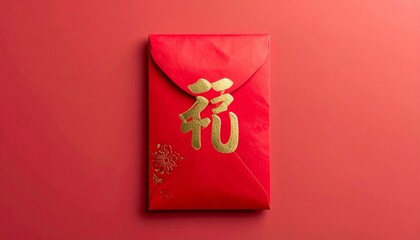 Chinese red envelope (angpao) with golden character 'fu', isolated on plain background
