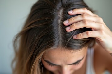 Fototapeta premium Detailed Close-Up of Person Scratching Head Showing Dry Skin Flakes and Dandruff in Long Hair