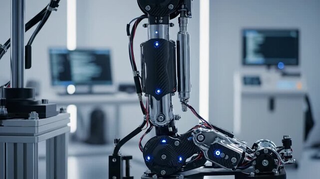 Close-up shot of a robotic arm in a laboratory setting with computer screens in the background.