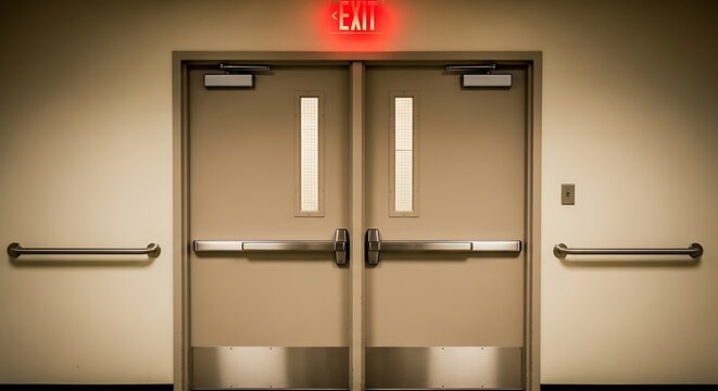 Double emergency exit doors with illuminated red exit sign above, push bars, and grab bars on the wall, suggesting safety and escape routes in a building
