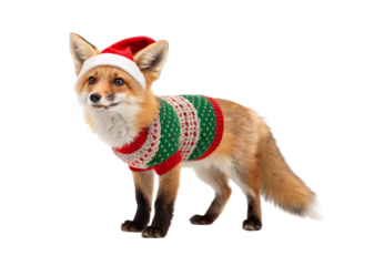 Red fox in Santa hat with red green festive sweater, isolated on a transparent background