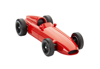 Classic red vintage Formula racing car with black wheels front, isolated on a transparent background