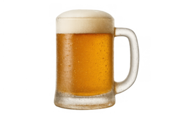 Cold beer mug filled with golden lager, bubbling froth and condensation, offering refreshment. Transparent background