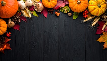Autumn Harvest Bounty - Pumpkins, Leaves, and Rustic Wood Background.