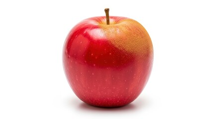 A single vibrant red apple with a slight yellow blush on one side, isolated on a clean white background, showcasing its fresh and healthy appearance.