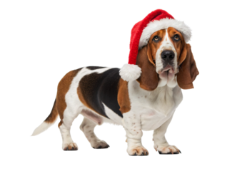Basset Hound wearing Santa hat standing on white background, isolated on a transparent background