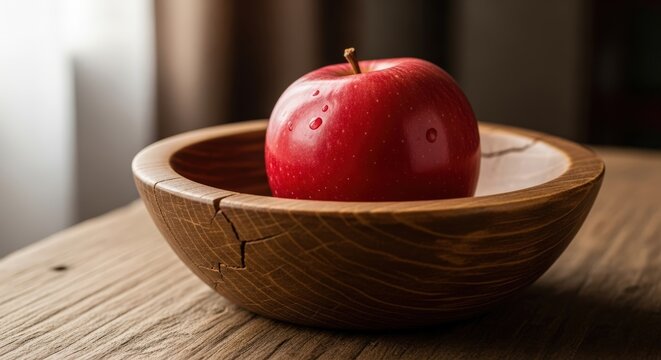 A vibrant red apple with water droplets resting in a rustic wooden bowl on a textured wooden table.