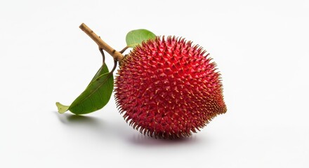 A single red spiky tropical fruit with green leaves on a white background.
