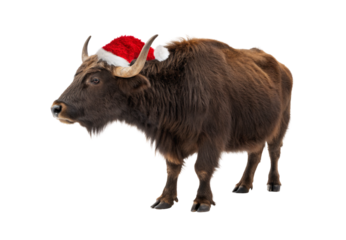 Yak with long horns wearing Santa hat in profile stance, isolated on a transparent background
