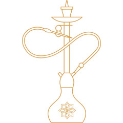 Traditional Golden Outline Hookah Water Pipe with Intricate Pattern on Base and Flexible Hose on Transparent Background