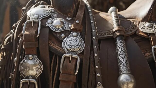Intricate Western Horse Saddle and Bridle Adorned with Detailed Silver Metalwork and Rich Leather Straps