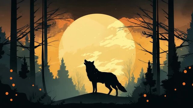 wolf silhouette in forest full moon at night illustrated animation