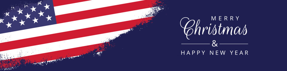 Merry Christmas and Happy New Year Celebration USA Flag in Brushstroke Banner Design For Ads, Web and Social Marketing