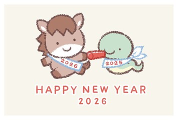 ヘビからウマへバトン2026年賀状横