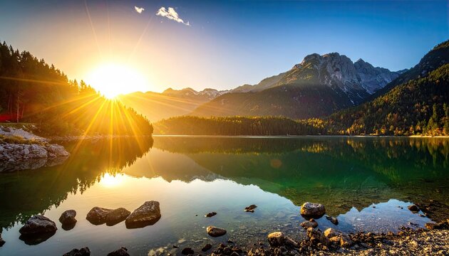 Alpine Lake Sunrise: Majestic Mountains Reflecting in Calm Turquoise Water - Scenic Landscape Photography
