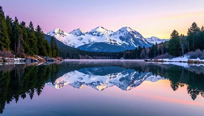 Majestic snow-covered mountains are perfectly reflected in a tranquil lake during a vibrant sunrise, with pine trees lining the shore.