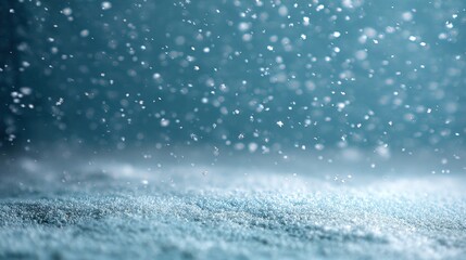 A serene scene depicting falling snowflakes, creating a tranquil atmosphere with a soft blue background and glittering particles.