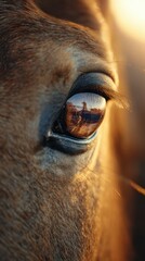 Fototapeta premium Close-up view of a horse's eye reflecting a rider at sunset in a serene landscape