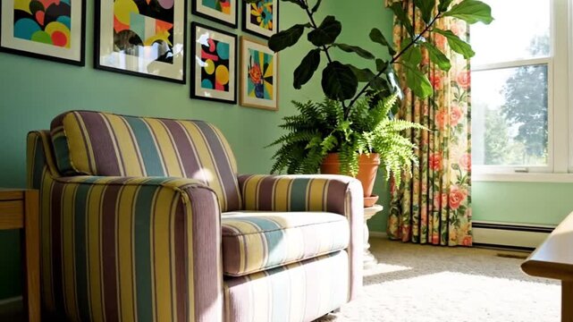 Bright Mid-Century Modern Living Room with Striped Armchair and Plants