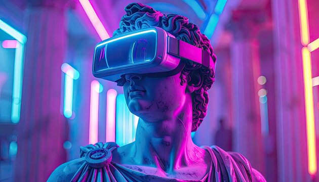 Ancient Meets Future: Classical Sculpture Experiencing Virtual Reality with VR Headset, Neon Lighting, Digital Art - Powered by Adobe